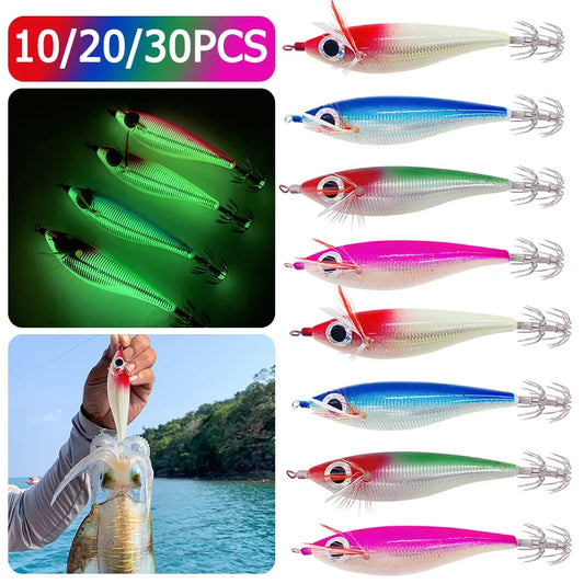 10-30pcs 10CM 10G Shrimp Fishing Lure Squid Jig Artificial Wood Shrimps Lures Fishing Squid Hook Cuttlefish Lures Octopus Baits